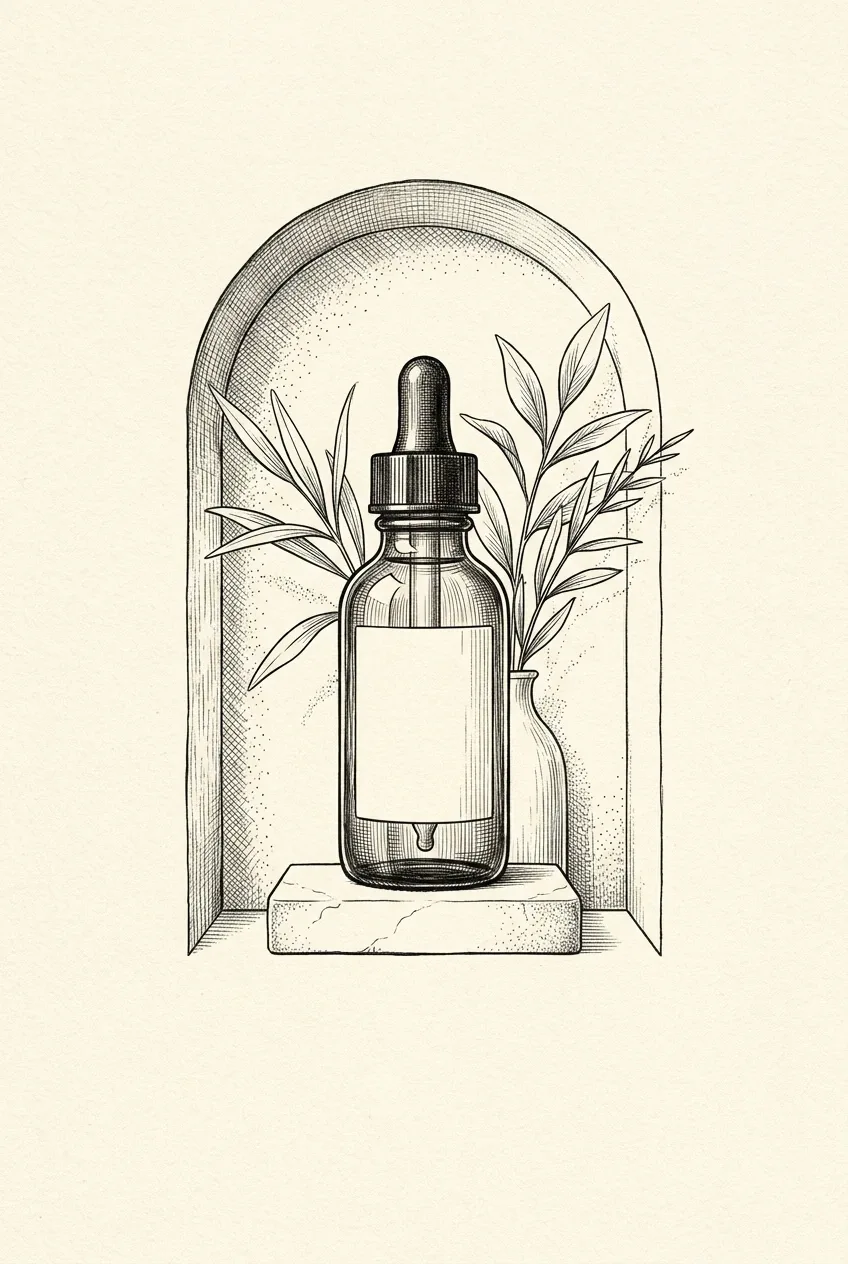 Amber glass dropper bottle on a stone pedestal with botanical leaves in a detailed black ink drawing product mockup.