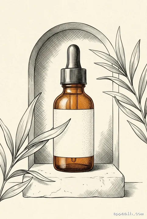 Closer three-quarter view of an amber dropper bottle on a stone pedestal with botanical leaves inside an arched niche, rendered in detailed black ink drawing.