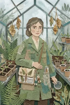 Mixed media collage of a botanical archivist carrying a pressed-fern satchel inside a misty weathered glasshouse.