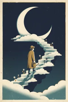 Surreal moon gardener carrying a brass watering can up a cloud staircase toward a giant crescent moon in a Retro Vintage Poster style.