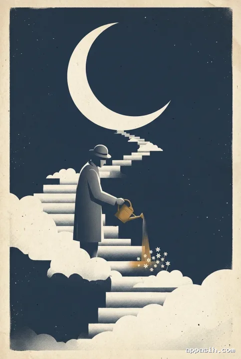 Moon gardener watering star-shaped flowers on a cloud staircase beneath a giant crescent moon in an aged Retro Vintage Poster composition.