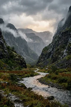 Cinematic basalt valley with a winding reflective river, wet grasses, dark rain-soaked cliffs, drifting mist, and distant mountains beneath storm clouds.