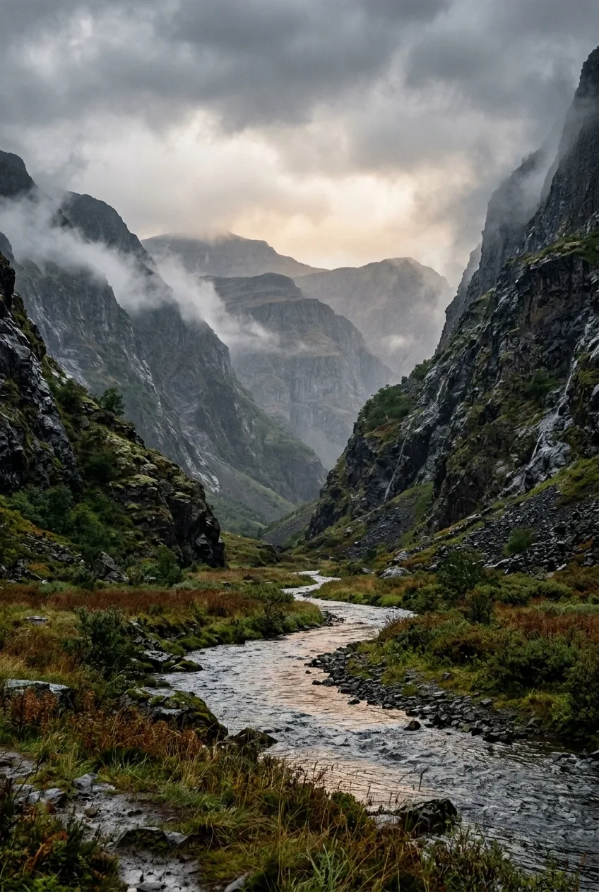 Cinematic basalt valley with a winding reflective river, wet grasses, dark rain-soaked cliffs, drifting mist, and distant mountains beneath storm clouds.