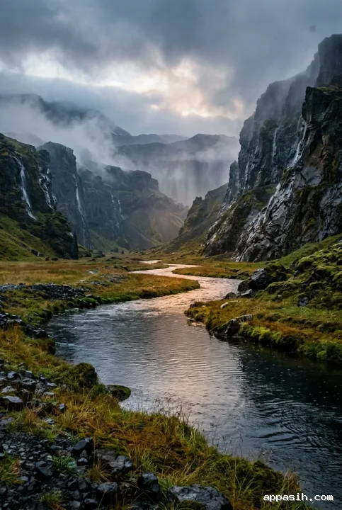 Cinematic close portrait view of the same basalt valley and winding river, with amber storm light reflecting on rippled water, wet grasses, misty cliffs, and layered mountains.