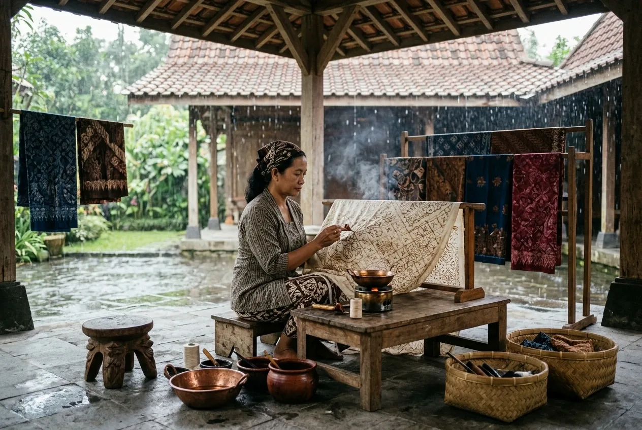Batik artisan applying wax to patterned cloth in a traditional rainy courtyard with wooden tools and heritage architecture.