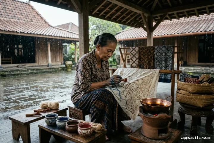 Closer cinematic view of a batik artisan applying wax to cloth in the same rain-soaked traditional courtyard workshop.