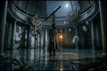 Surreal lantern keeper standing in shallow water inside a flooded observatory with floating porcelain masks and celestial light.