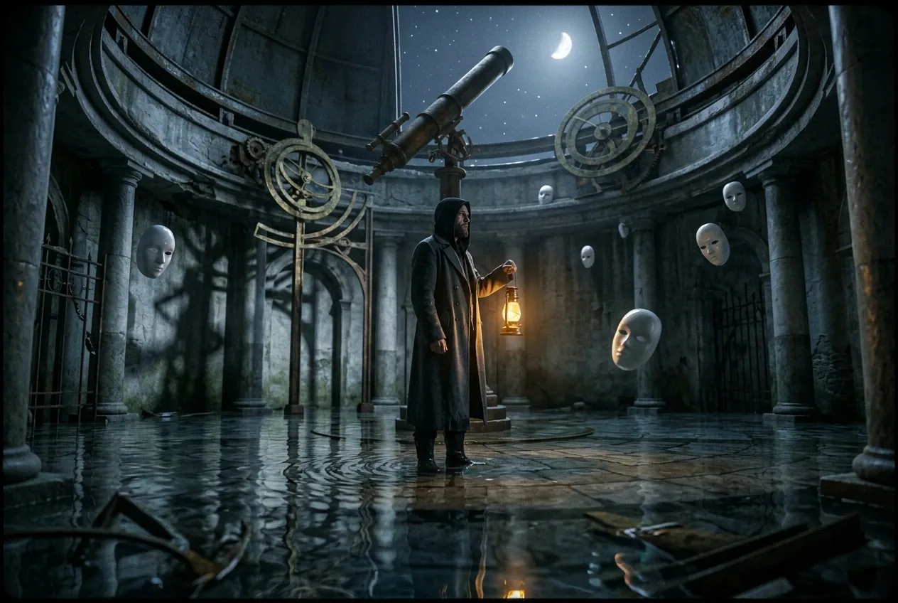 Surreal lantern keeper standing in shallow water inside a flooded observatory with floating porcelain masks and celestial light.
