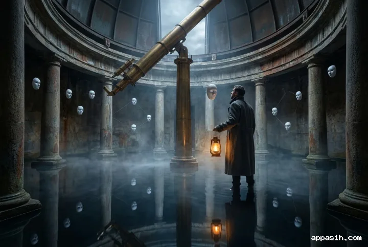 Surreal lantern keeper viewed from a wider angle in the same flooded observatory, surrounded by floating porcelain masks, brass instruments, mist, and reflected starlight.