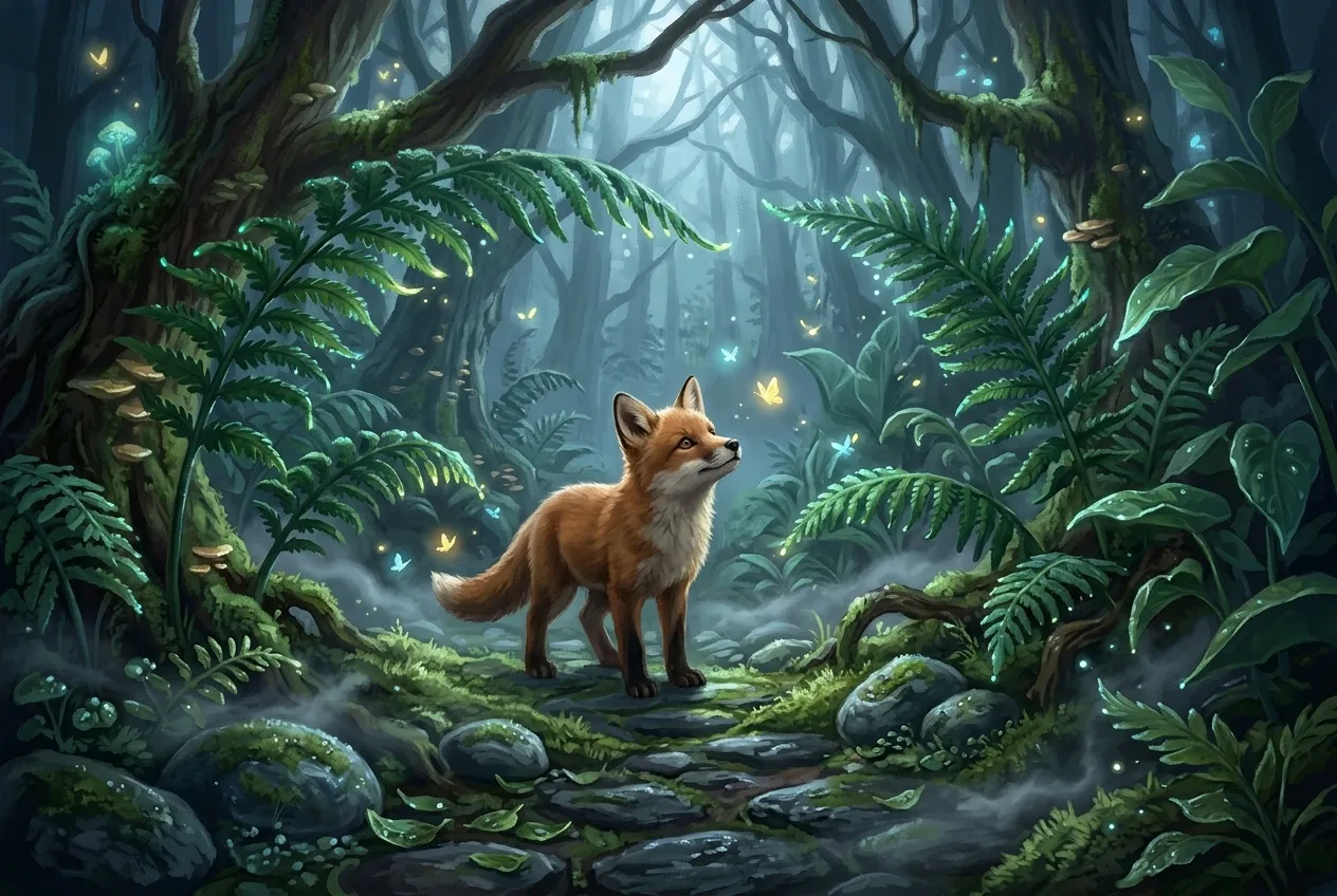 Red fox cub standing among giant ferns and glowing moths in a moonlit enchanted forest rendered as Fantasy Art Concept Art.