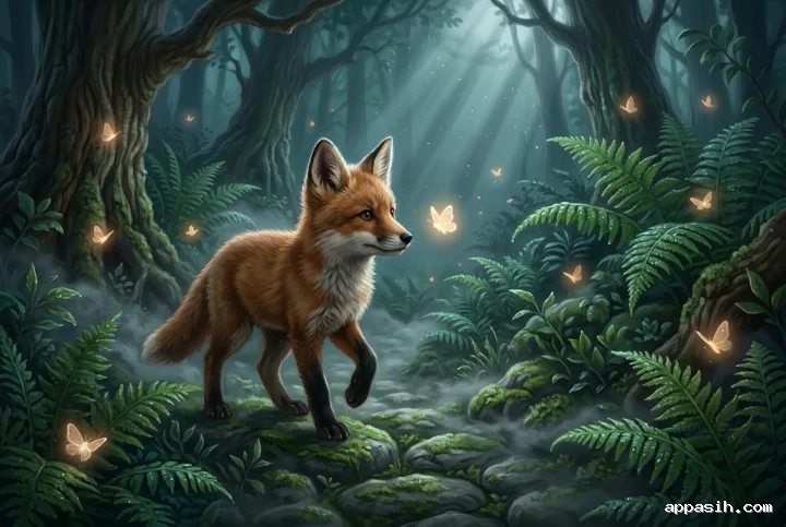 Red fox cub lifting one paw toward a glowing moth among giant ferns, moonlit mist, and ancient trees in detailed Fantasy Art Concept Art.