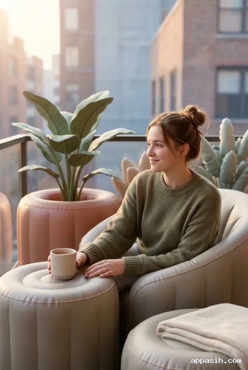 Young adult relaxing with coffee on the same apartment balcony, shown closer among rounded inflatable furniture and plants in warm Inflatable 3D morning light.