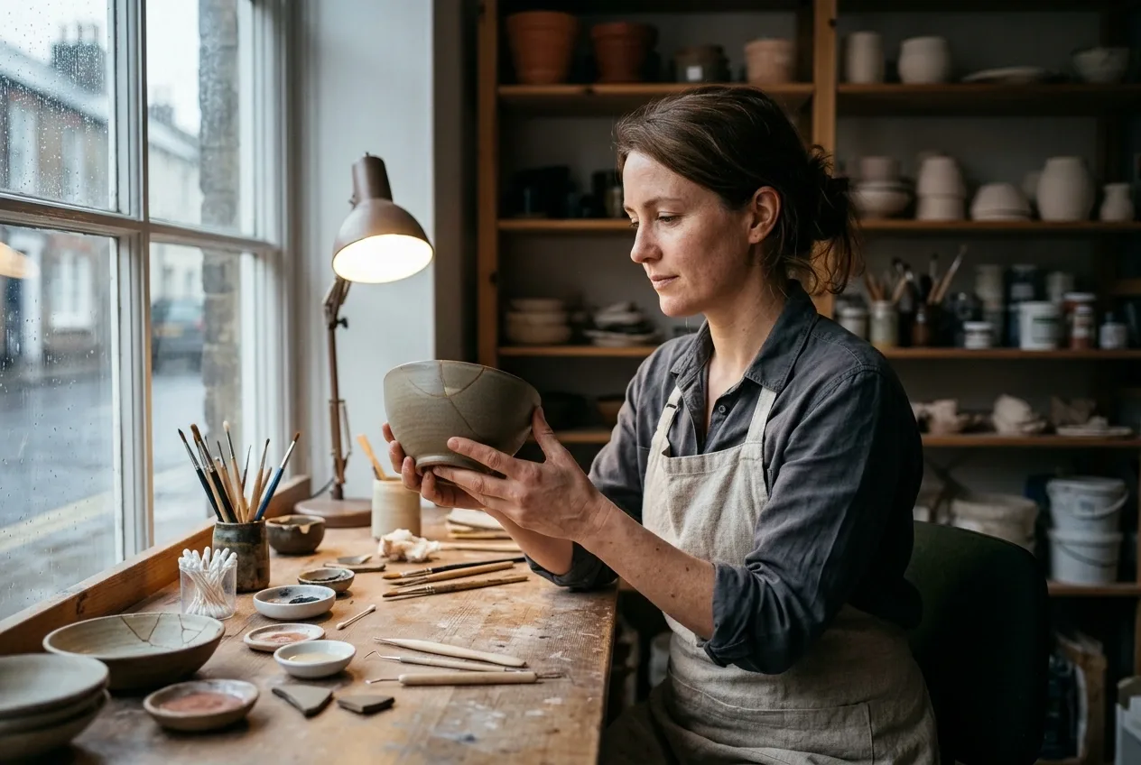Ceramic conservator examining a repaired stoneware bowl at a wooden workbench in a cinematic rainlit restoration workshop.