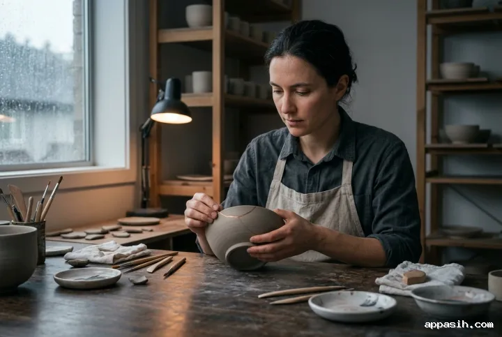 Ceramic conservator gently rotating a repaired stoneware bowl in a cinematic rainlit workshop with handcrafted tools and warm lamp accents.