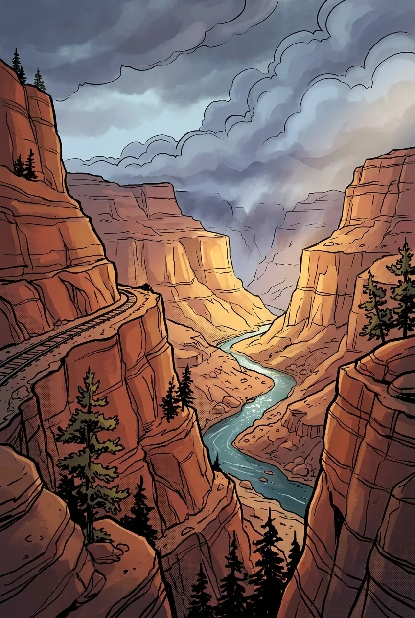 Cartoon Comic Book landscape of a railway curving through tall red rock canyon cliffs above a river beneath dramatic storm clouds and golden light.