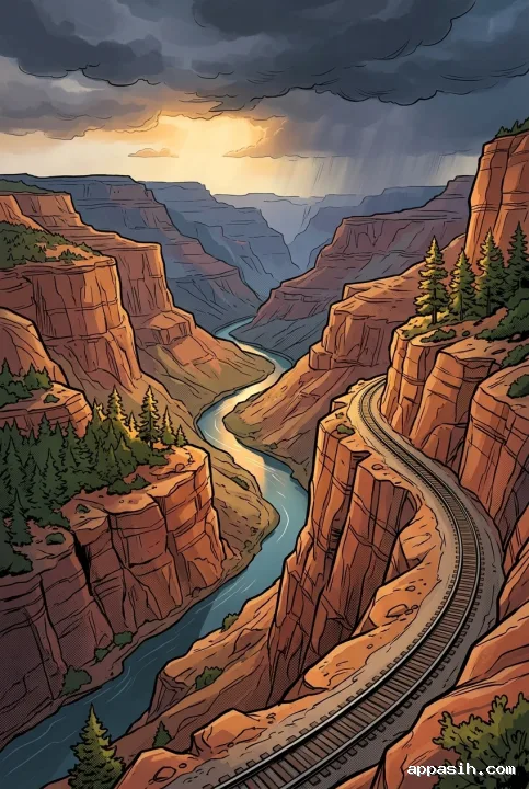 Detailed Cartoon Comic Book view of the same red rock canyon railway and river, framed closer beneath storm clouds with amber sunlight striking the central cliffs.