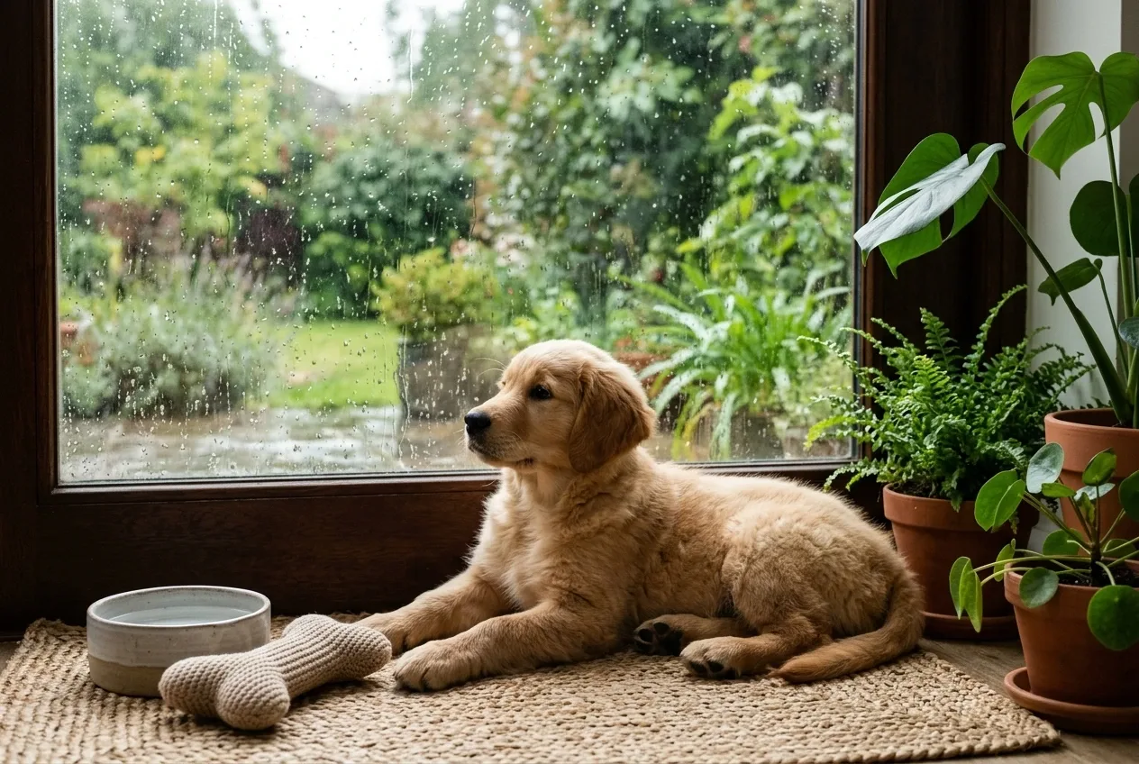 Golden retriever puppy resting on a woven mat beside a rain-speckled garden window with indoor plants and soft natural daylight.