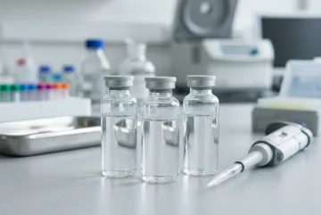 Sterile laboratory vials beside a precision pipette on a clean biomedical work surface photographed with controlled studio lighting.