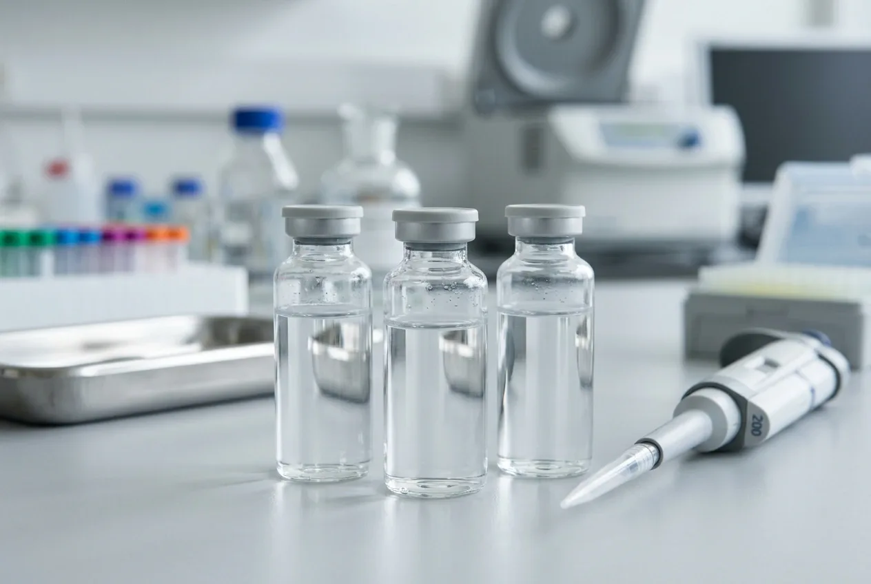 Sterile laboratory vials beside a precision pipette on a clean biomedical work surface photographed with controlled studio lighting.