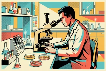 Medical researcher examining cultured cells through a microscope in a laboratory rendered as a Retro Pop Art scientific scene with bold halftone textures.