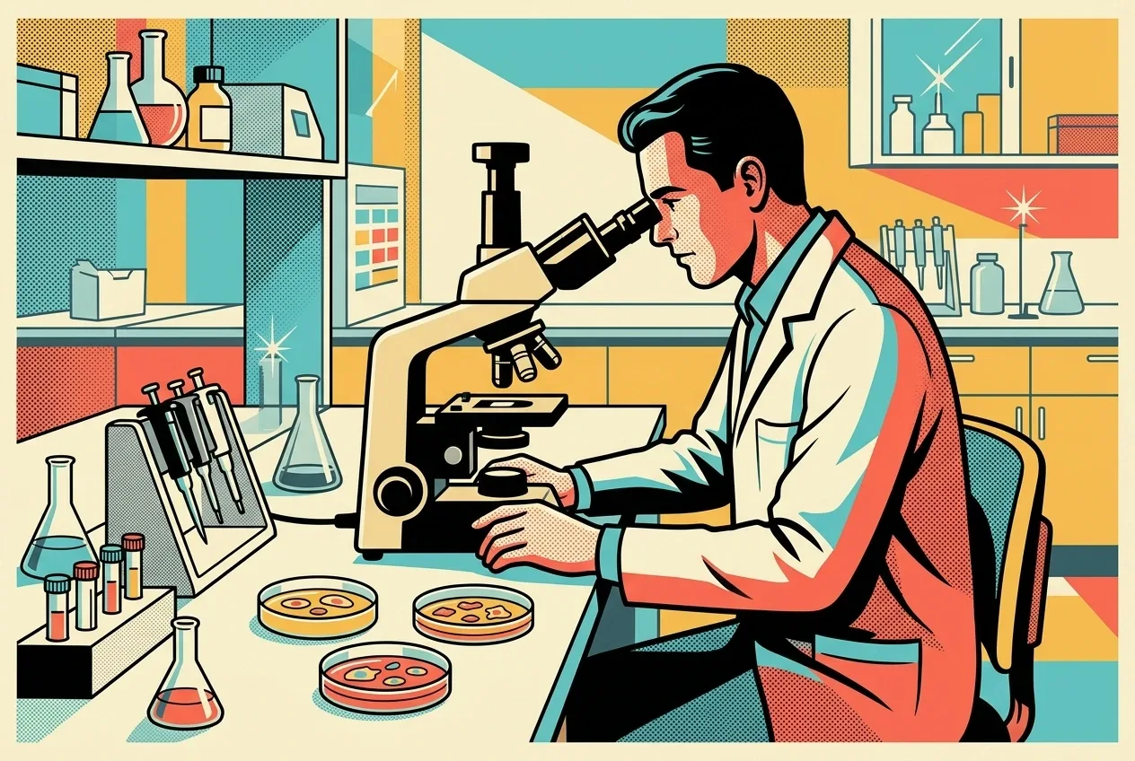 Medical researcher examining cultured cells through a microscope in a laboratory rendered as a Retro Pop Art scientific scene with bold halftone textures.