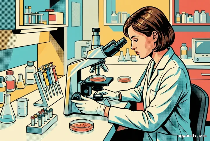 Medical researcher adjusting a microscope while examining cultured cells in the same biomedical laboratory, shown from a closer three-quarter angle in detailed Retro Pop Art style.
