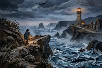 Paper-cut lighthouse keeper walking across a stormy coastal cliff toward a glowing lighthouse above layered ocean waves and mist.