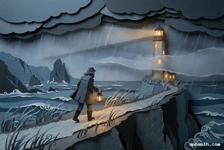 Paper-cut lighthouse keeper leaning into coastal wind while approaching a glowing lighthouse through layered storm waves, rain, and mist.