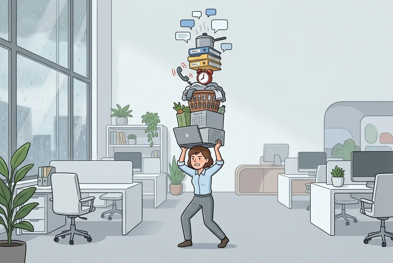 Cartoon office worker balancing a tall stack of household, digital, and workplace tasks in an open-plan office.