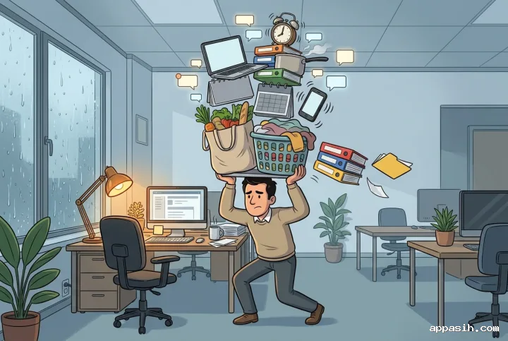 Cartoon office worker adjusting their stance while balancing a towering stack of household and workplace responsibilities in a rainy open-plan office.
