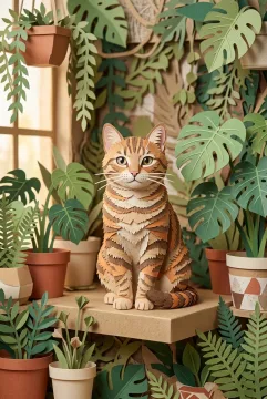 Curious tabby cat surrounded by layered paper-cut houseplants and handmade planters in a cozy papercraft indoor garden.