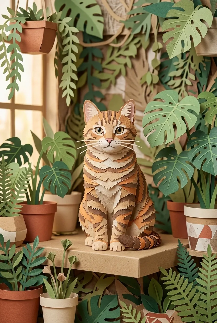 Curious tabby cat surrounded by layered paper-cut houseplants and handmade planters in a cozy papercraft indoor garden.