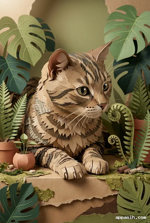 Close three-quarter view of a curious tabby cat leaning toward a curled paper fern among layered papercraft houseplants and kraft-paper planters.