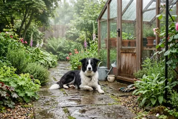 Black-and-white border collie resting on a wet stone path beside a glass greenhouse in a misty garden after rain.