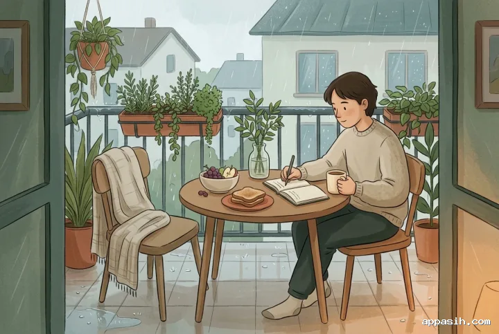 Young adult pauses while journaling beside breakfast on the same plant-filled apartment balcony, with rain, wet tiles, and warm indoor light enriching the calm storybook scene.