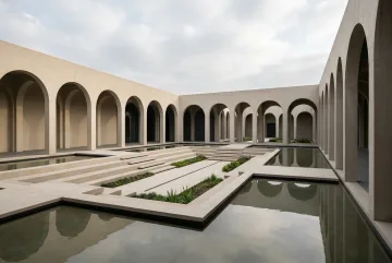 Geometric concrete courtyard pavilion with repeated arches, reflecting pools, stepped terraces, and a central garden.
