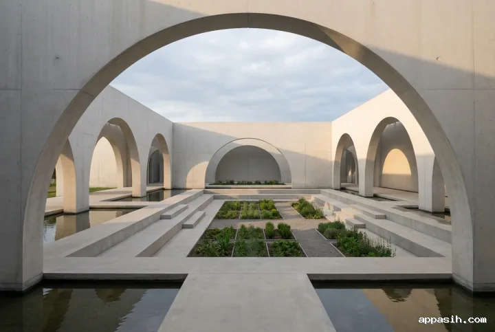 Three-quarter view of a geometric concrete courtyard pavilion with layered arches, reflecting pool, stepped terraces, and central garden under directional overcast light.