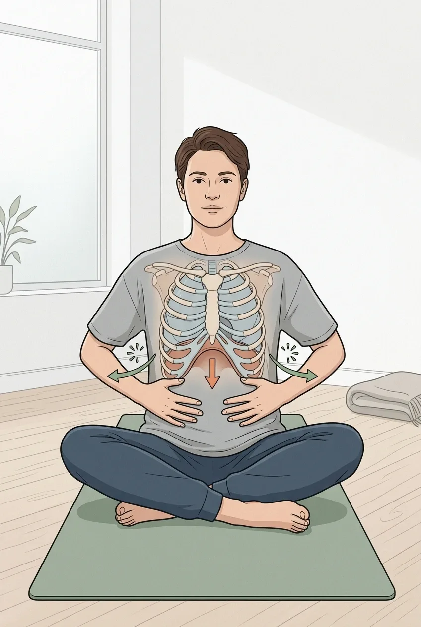Technical illustration of an adult seated cross-legged on a wellness mat practicing diaphragmatic breathing, with lungs, ribs, diaphragm motion, and breathing-direction cues visible in the torso.