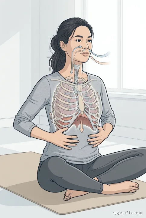 Closer technical illustration of an adult practicing diaphragmatic breathing on a wellness mat, showing relaxed posture, rib expansion, lungs, diaphragm movement, and airflow cues.