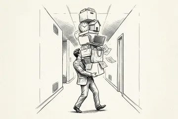 Ink drawing of an office worker carrying a precarious tower of folders, boxes, a clock, household objects, and paperwork through a narrow corridor.
