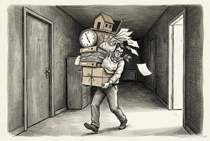 Detailed ink drawing of the same office worker cautiously carrying a tall unstable stack of folders, boxes, a clock, household objects, and paperwork through a narrow office corridor.