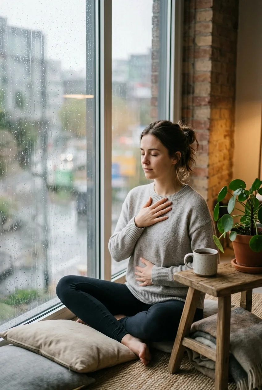 Woman practicing breathing meditation beside a rain-covered window with herbal tea in a cinematic wellness setting.