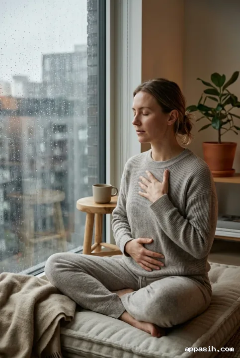Closer cinematic portrait of a woman practicing slow breathing meditation beside the same rainy window, herbal tea, blanket, and houseplant.