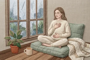 Person practicing mindful breathing beside a rainy window in a wellness nook made from layered fabric, embroidery stitches, cushions, and soft textile textures.