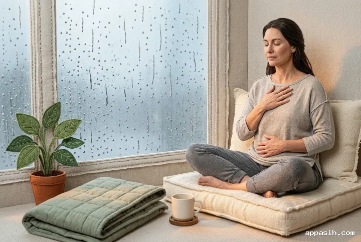 Closer textile-art view of a person completing a mindful exhale beside a rainy window, surrounded by embroidered cushions, a folded blanket, a plant, and layered fabric details.
