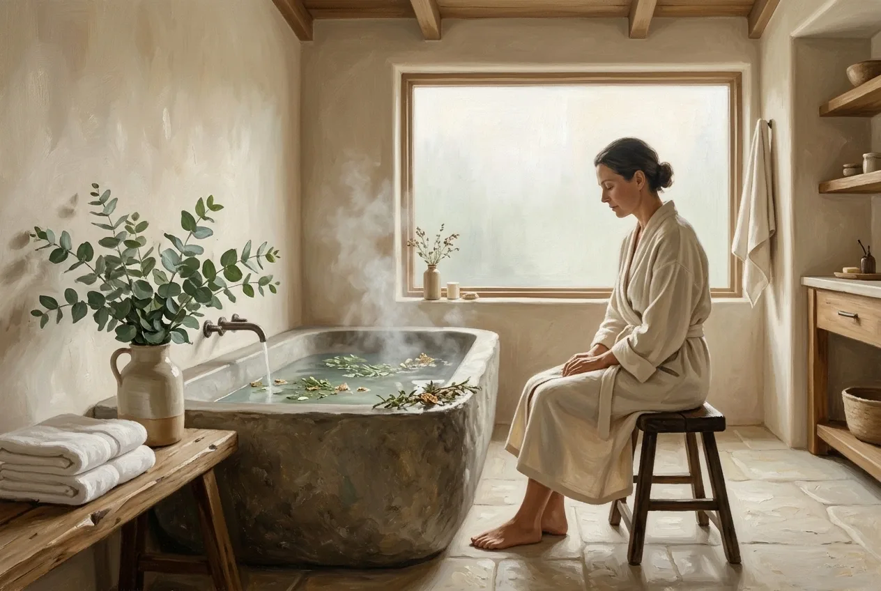 Oil painting of a person in a cream robe resting beside a steaming herbal bath with eucalyptus, folded towels, and soft morning light.