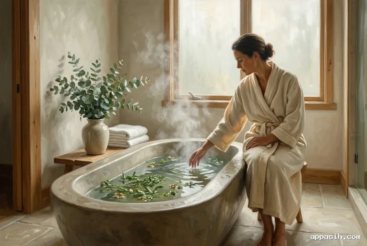 Detailed oil painting of a person beside a steaming herbal bath in a natural spa room with eucalyptus, folded towels, and warm morning light.