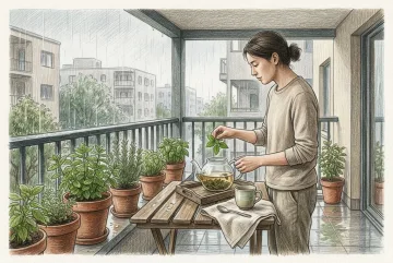 Young adult preparing herbal tea beside potted herbs on a rainy apartment balcony in a textured colored pencil drawing.