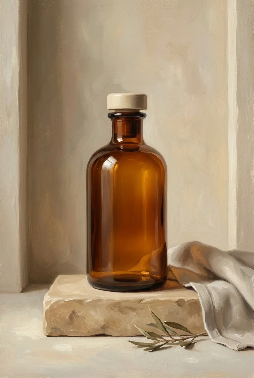 Amber apothecary bottle on a warm stone pedestal with linen and an olive branch, rendered as a textured oil painting product mockup.