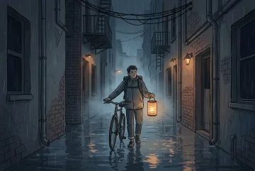 Bicycle courier carrying a glowing paper lantern through a flooded midnight alley in a cinematic 2D Illustration.